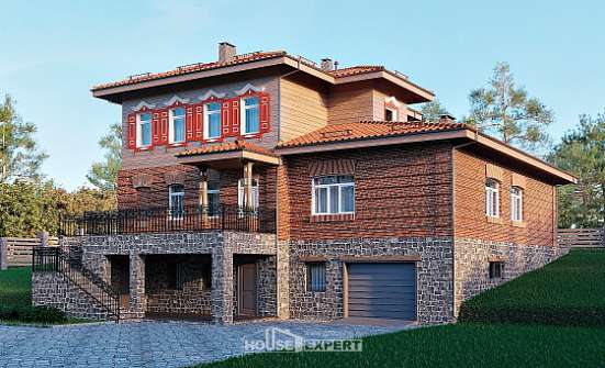 380-002-Л Проект трехэтажного дома и гаражом, классический коттедж из кирпича Маркс | Проекты домов от House Expert